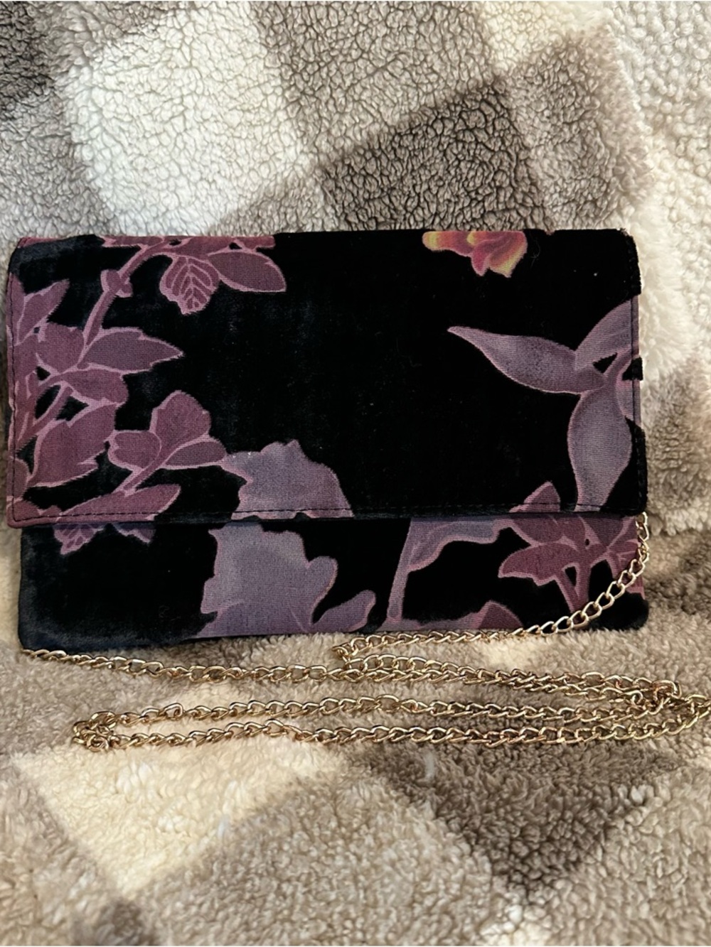 Floral Velvet Black & Purple Chain Crossbody Bag